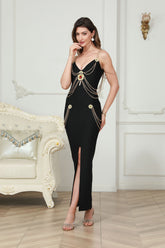 Metal Embellished  Classy Evening Backless Bandage Dress